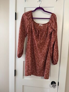 Lush Rust Floral Square-Neck Long Sleeve Mini Dress